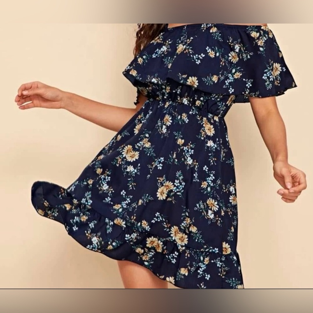 ROMWE Off Shoulder Floral Dress Navy Blue Ruffle Boho Mini Dress